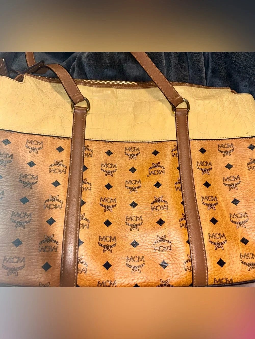 MCM Two-Tone Cognac/Light Yellow Embossed Leather 2-way Tote Y2K